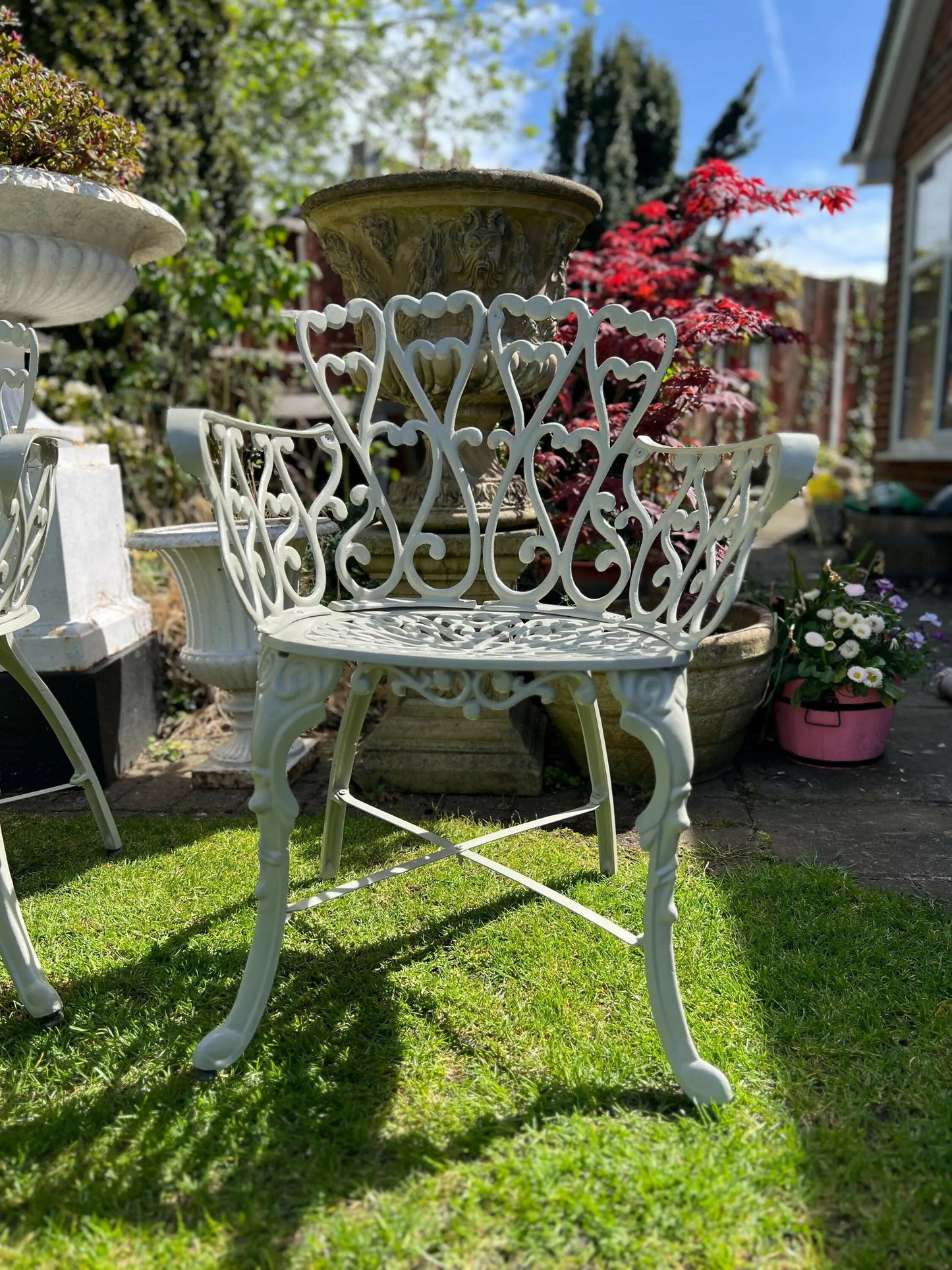 White Love Seat Patio Set with Bench in Pebble Grey