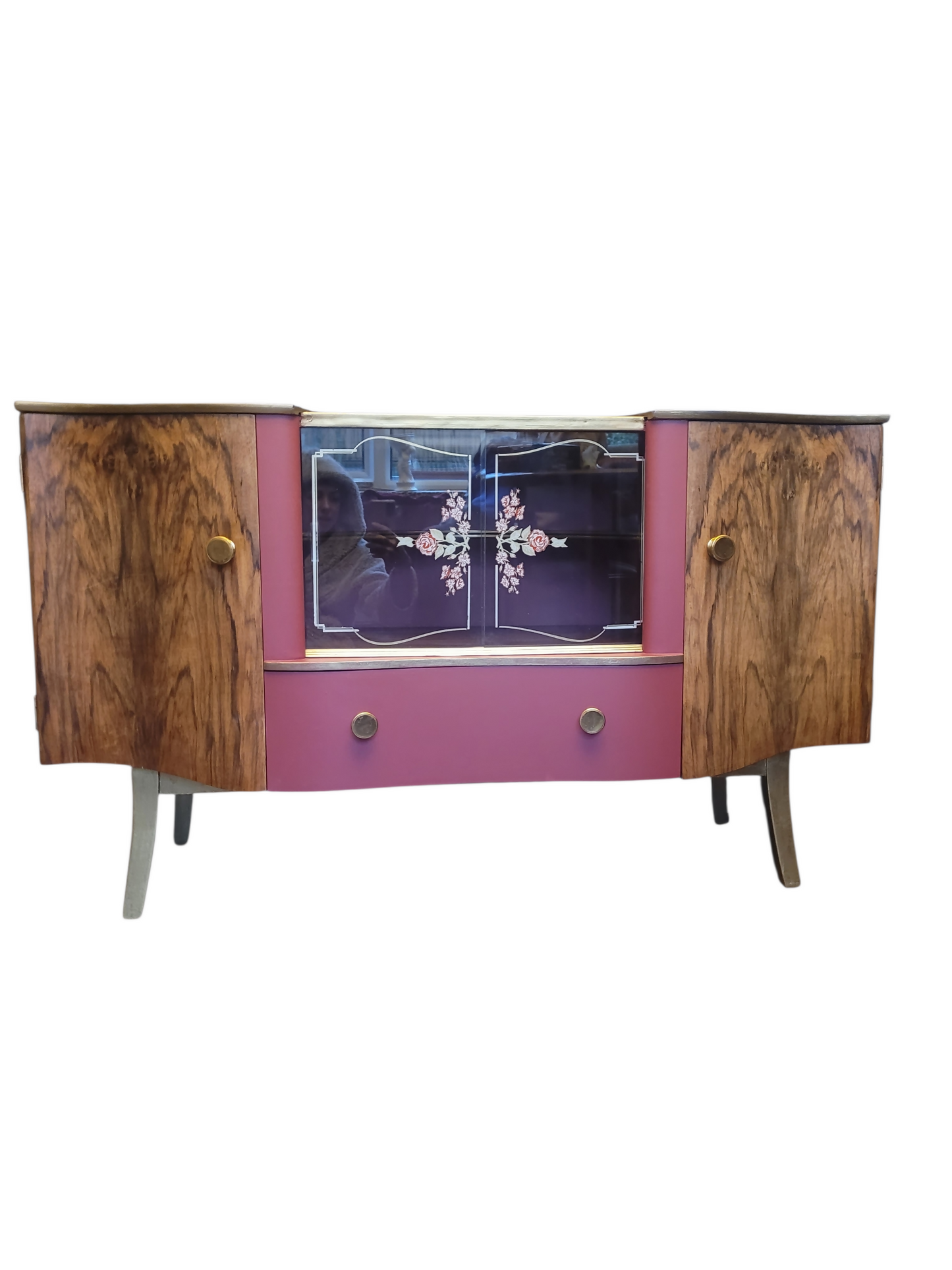 Mid Century Walnut Cocktail Cabinet/ Sideboard. Glass fronted floral vintage sideboard