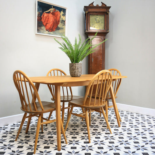 Four Ercol Windsor 370 Dining Chairs with 382 Elm Plank Dining Table