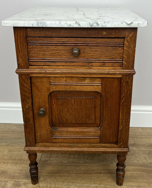 Bedside Table Antique French Style Marble Top Oak Cabinet Nightstand LOT 6235