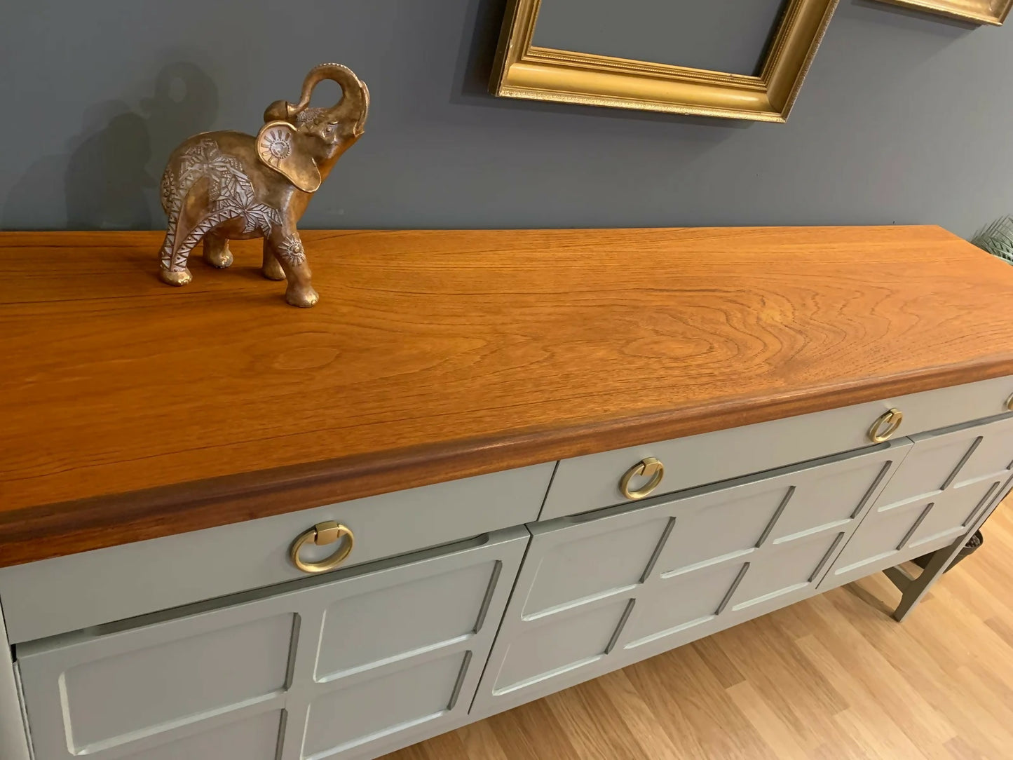 Farrow & balls “Pigeon” Vintage Nathan sideboard with naked top