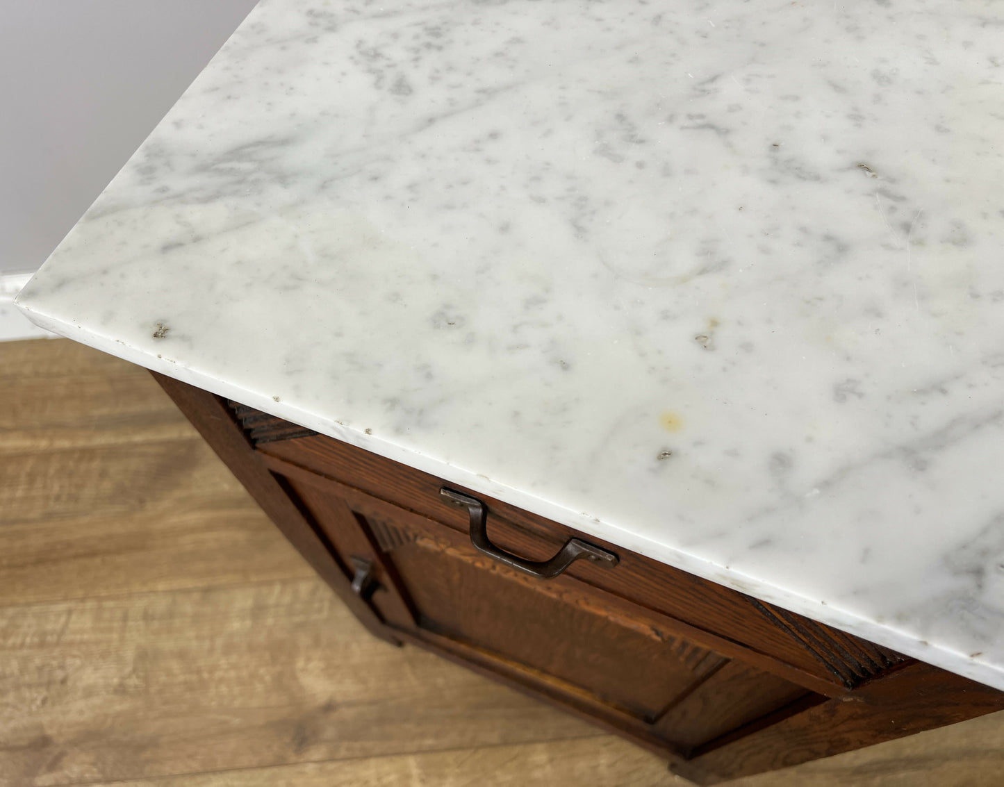 Bedside Table Antique French Marble Top Oak Cabinet Carved Cupboard LOT 6200
