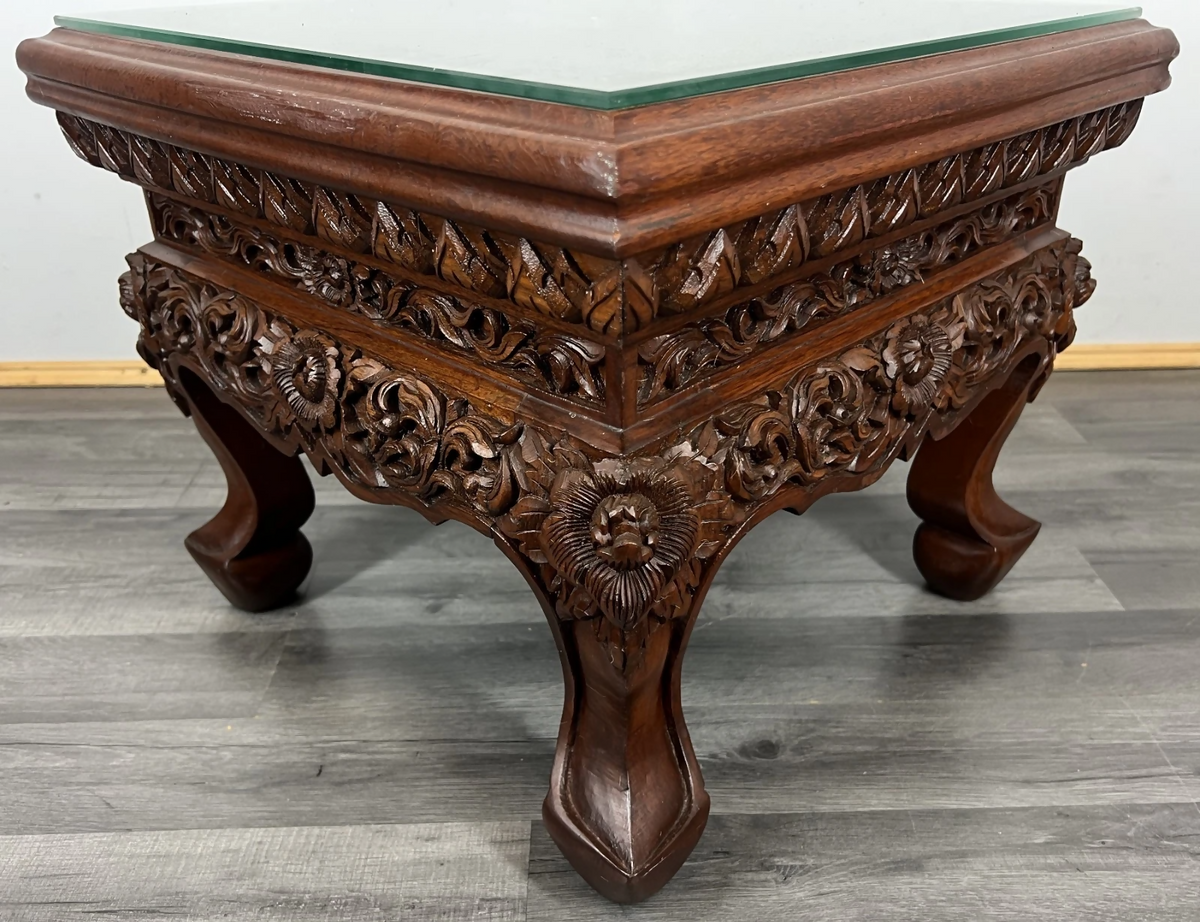 Plant Stand Chinese Mahogany Hand Carved Design Glass Top Coffee Table LOT 24327
