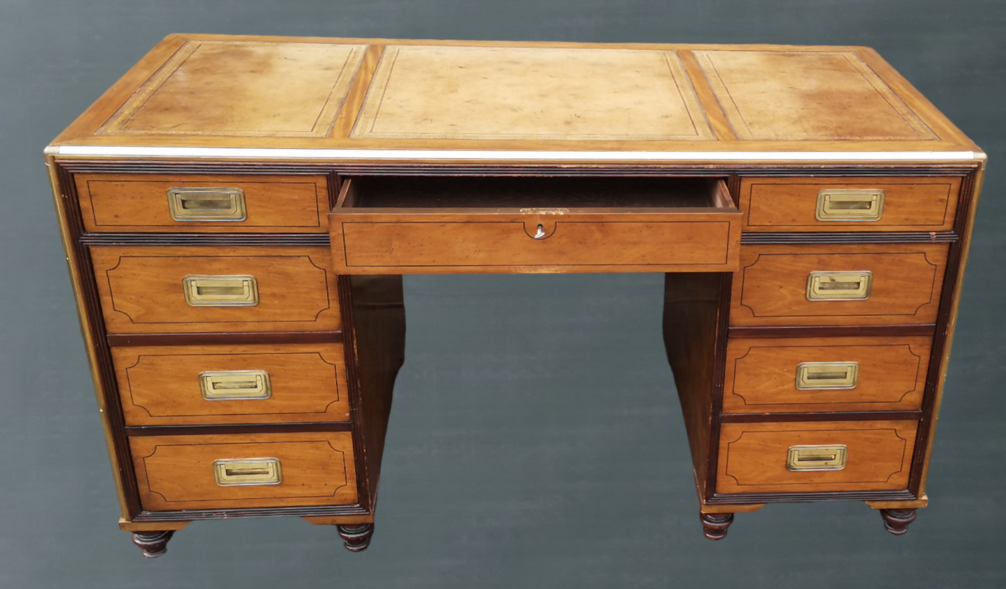 English Campaign Style Pedestal Desk by Baker Furniture Collectors Edition