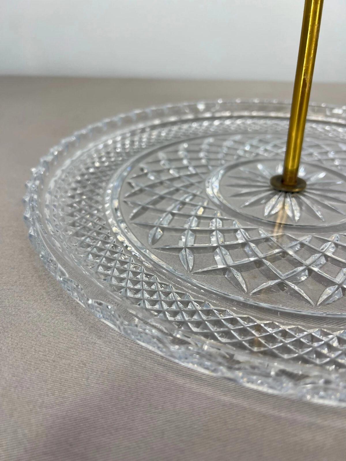Cake Stand Vintage French Crystal Three Tier Serving Stand Brass Handle LOT 3600