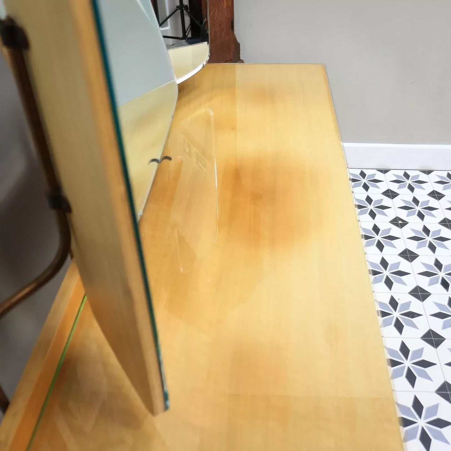 Alfred Cox Dressing Table in Walnut for Heals with Triple Mirror and Glass Top.