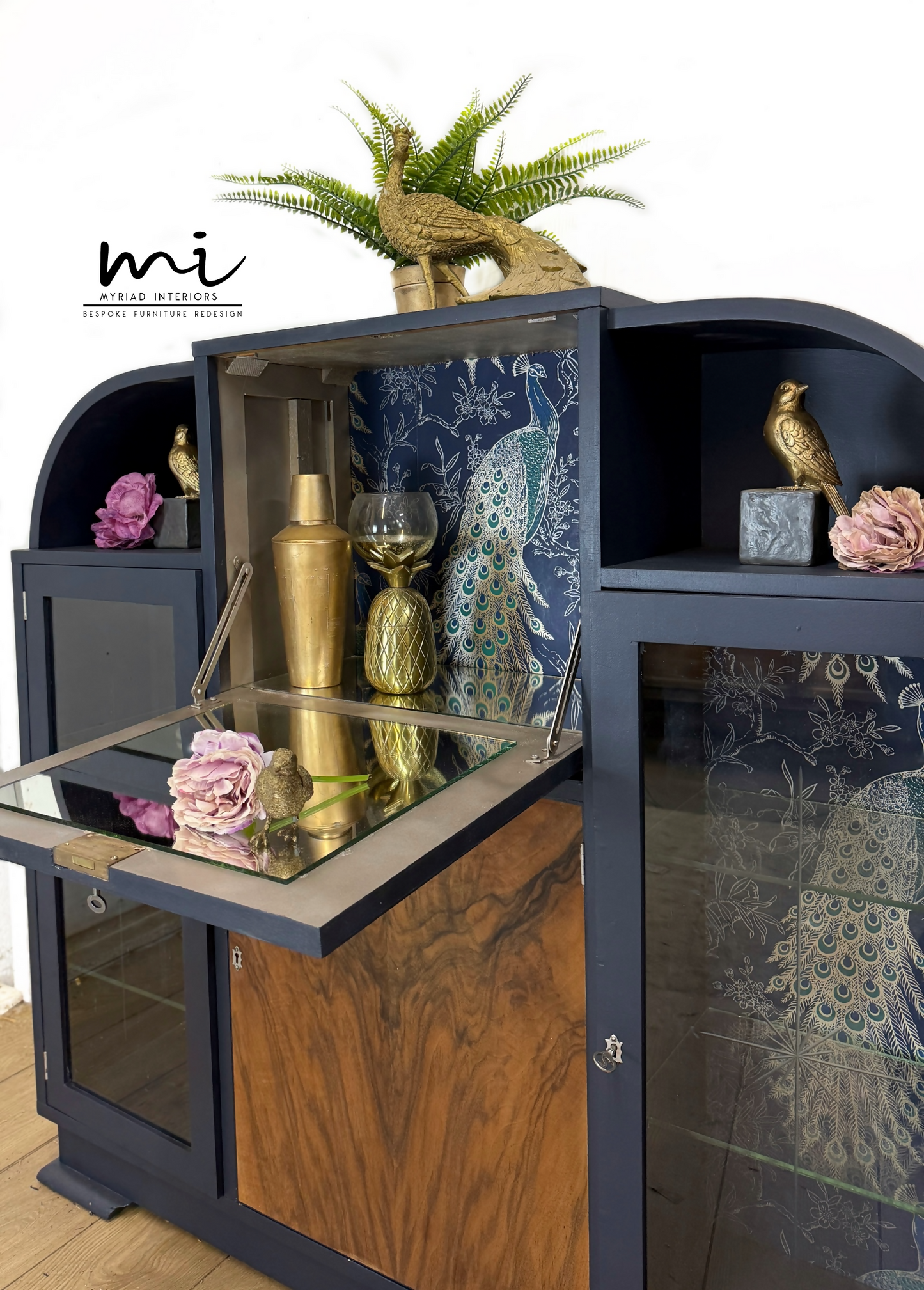 Art Deco refinished walnut cocktail cabinet, navy blue, champagne gold, vintage drinks cabinet, glass display cabinet, sideboard