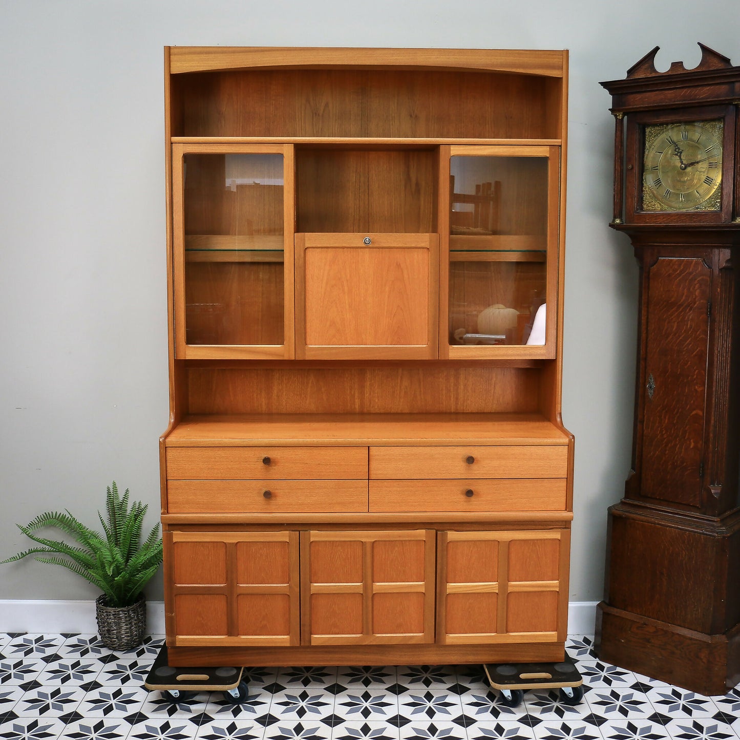 Nathan Wall Unit Display Cabinet in Teak, Glazed Doors 1980s Parker Knoll label