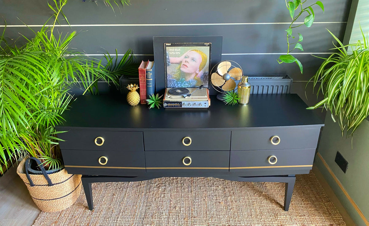 Sideboard With Drawers, TV Cabinet, Black Low And Wide, Mid Century.