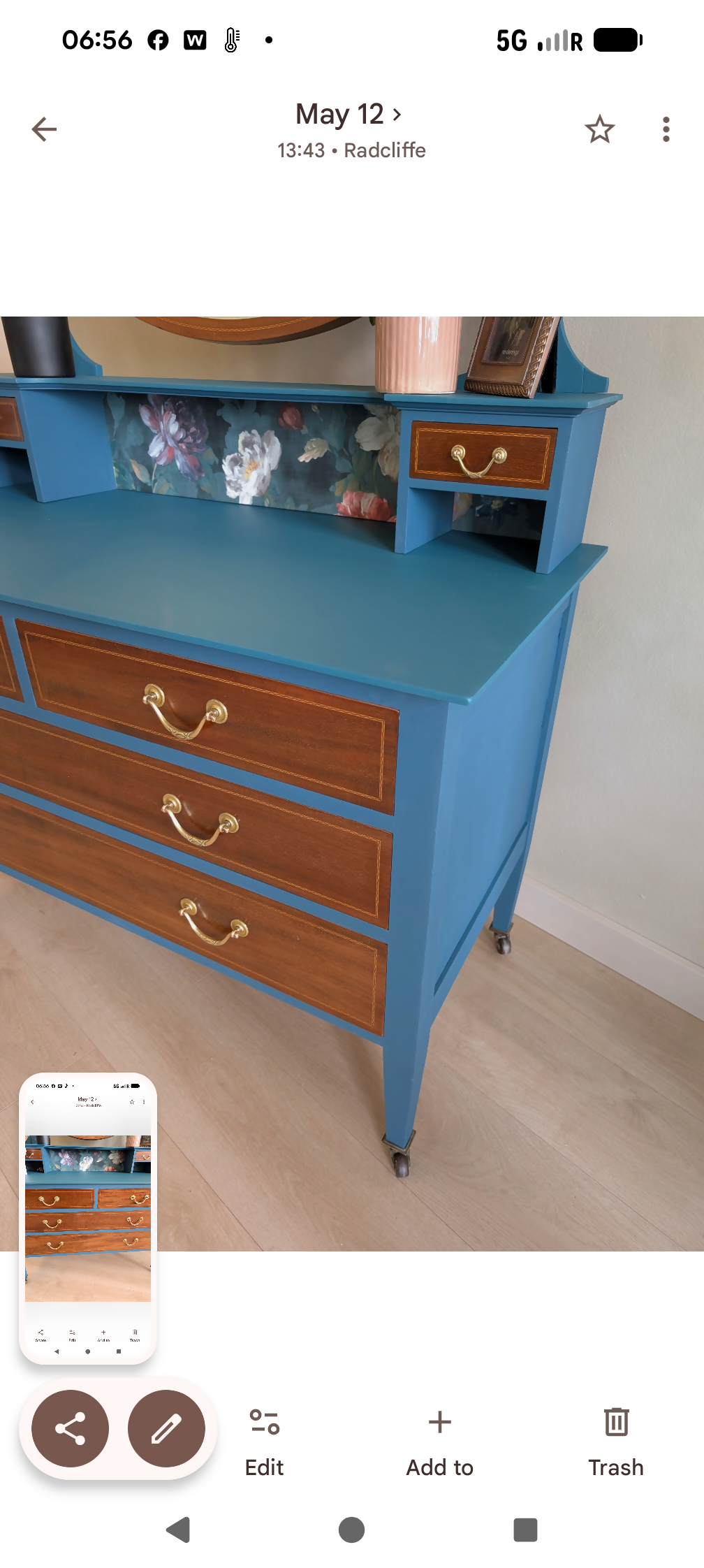 Chest of Drawers with Oval Mirror Antique Solid Wood & Painted with Botanical Drawer Interiors One of a Kind Statement Piece