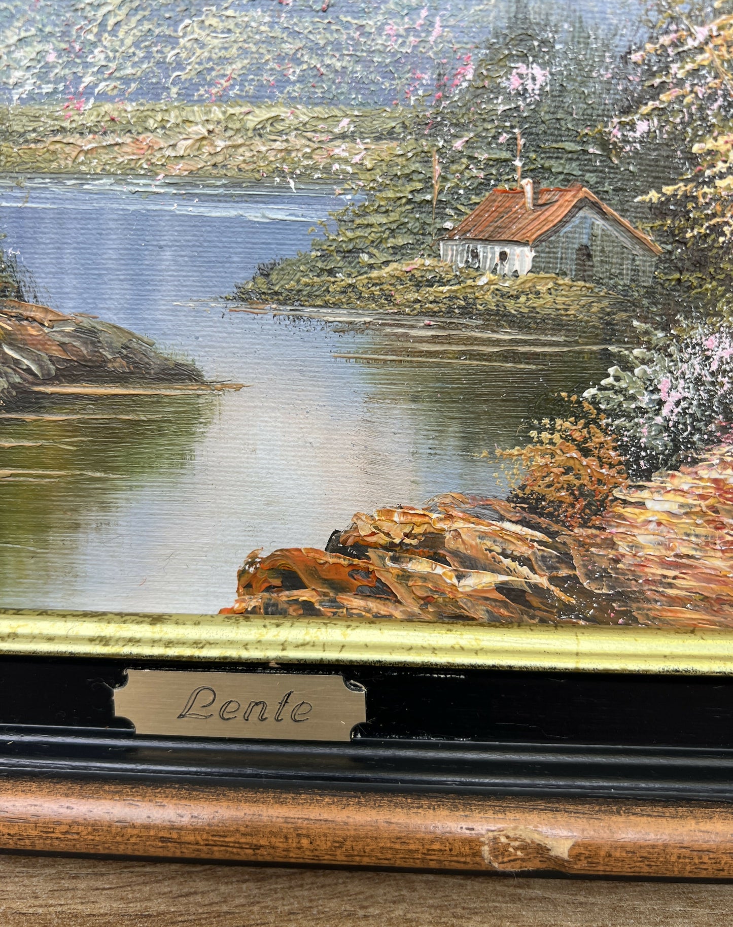 Painting Vintage French Style Signed Landscape Lake Cottage Framed LOT 6469