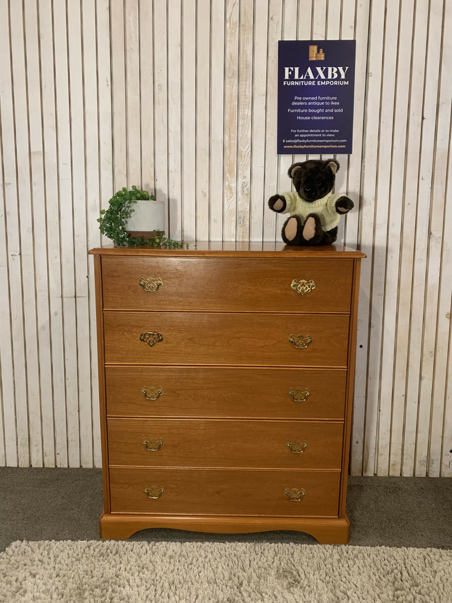 Vintage Stag Tallboy Chest – 5 Drawer Solid Wood Bedroom Storage, Retro Mid-Century Style