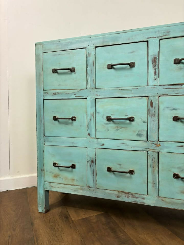 Vintage Indian Reclaimed Rustic Sideboard With 18 Drawers - In Duck Egg Blue