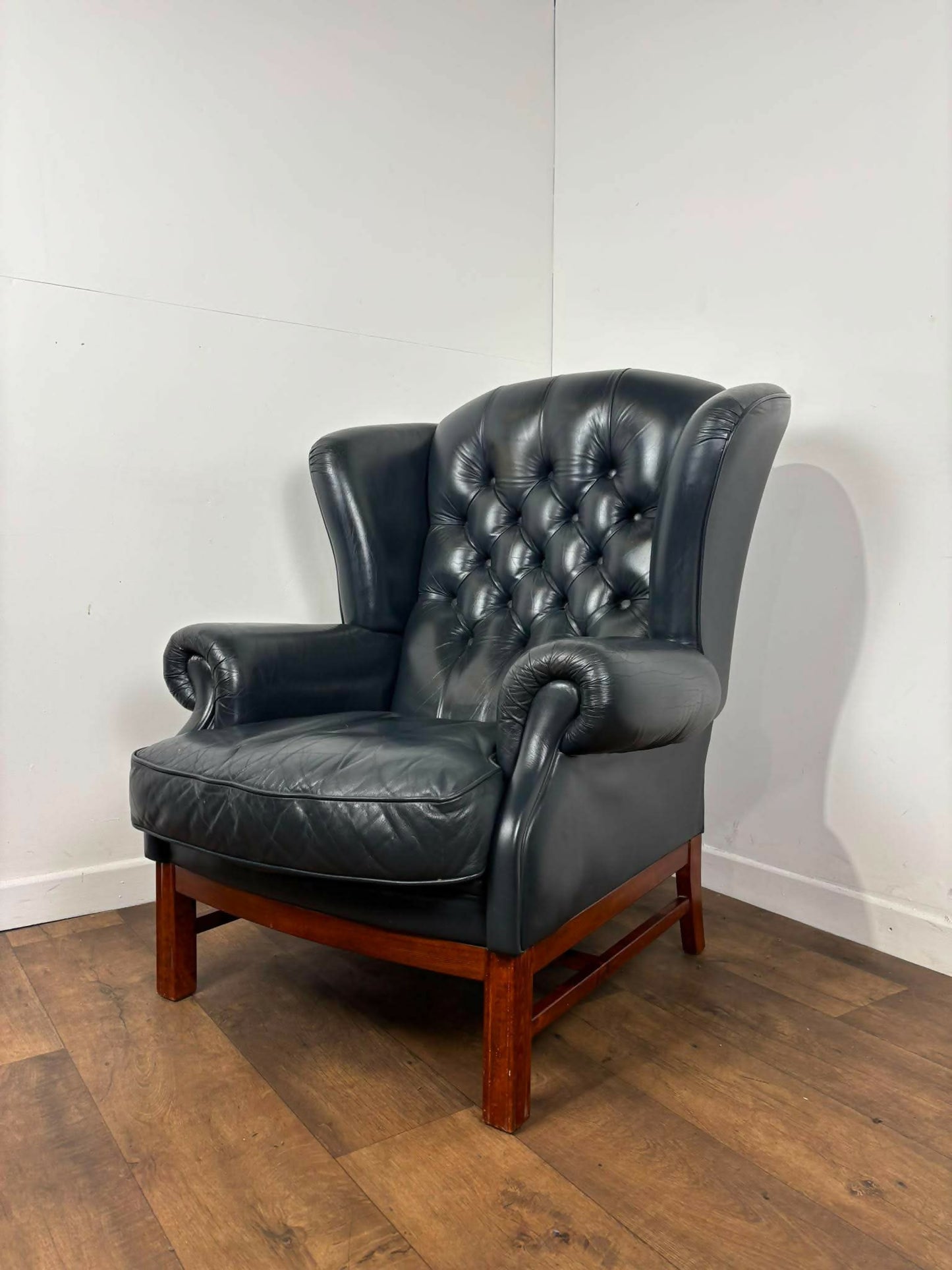 Blue Leather Chesterfield Style Wingback Armchair