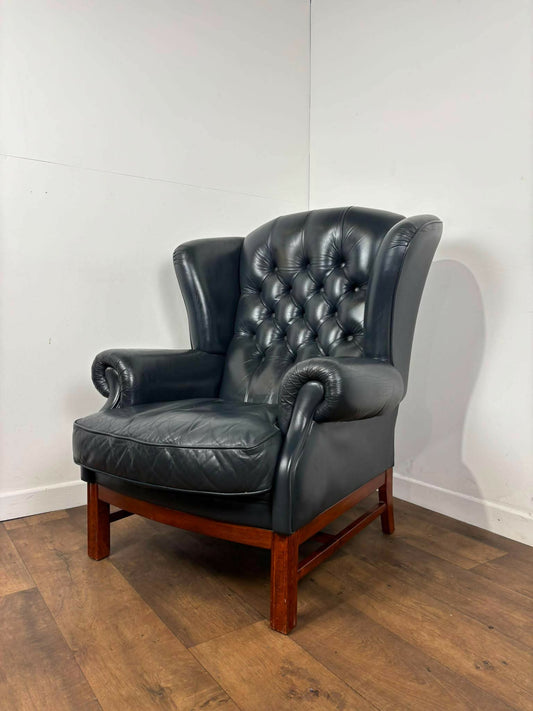 Blue Leather Chesterfield Style Wingback Armchair