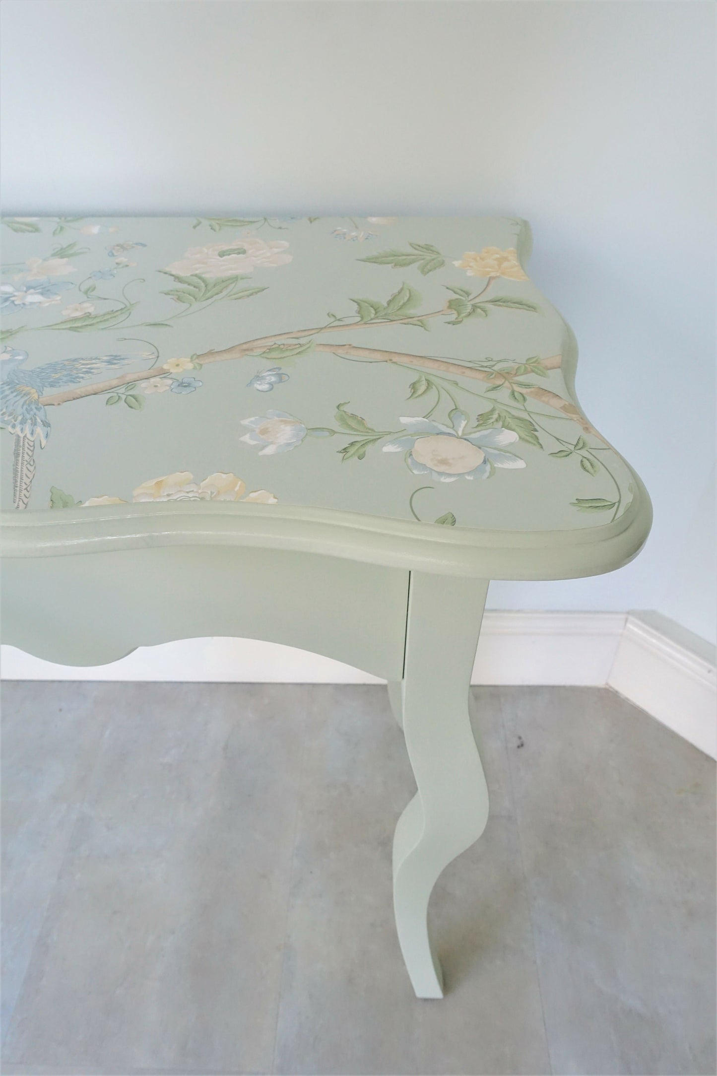 Pale green decoupaged console table, one drawer