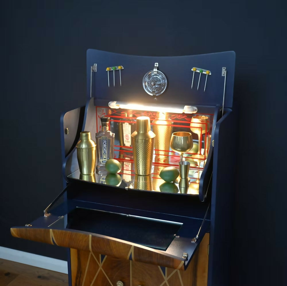 "Stellar", Art Deco Cocktail Cabinet,Burr Walnut, Navy and Gold Art Deco Style,