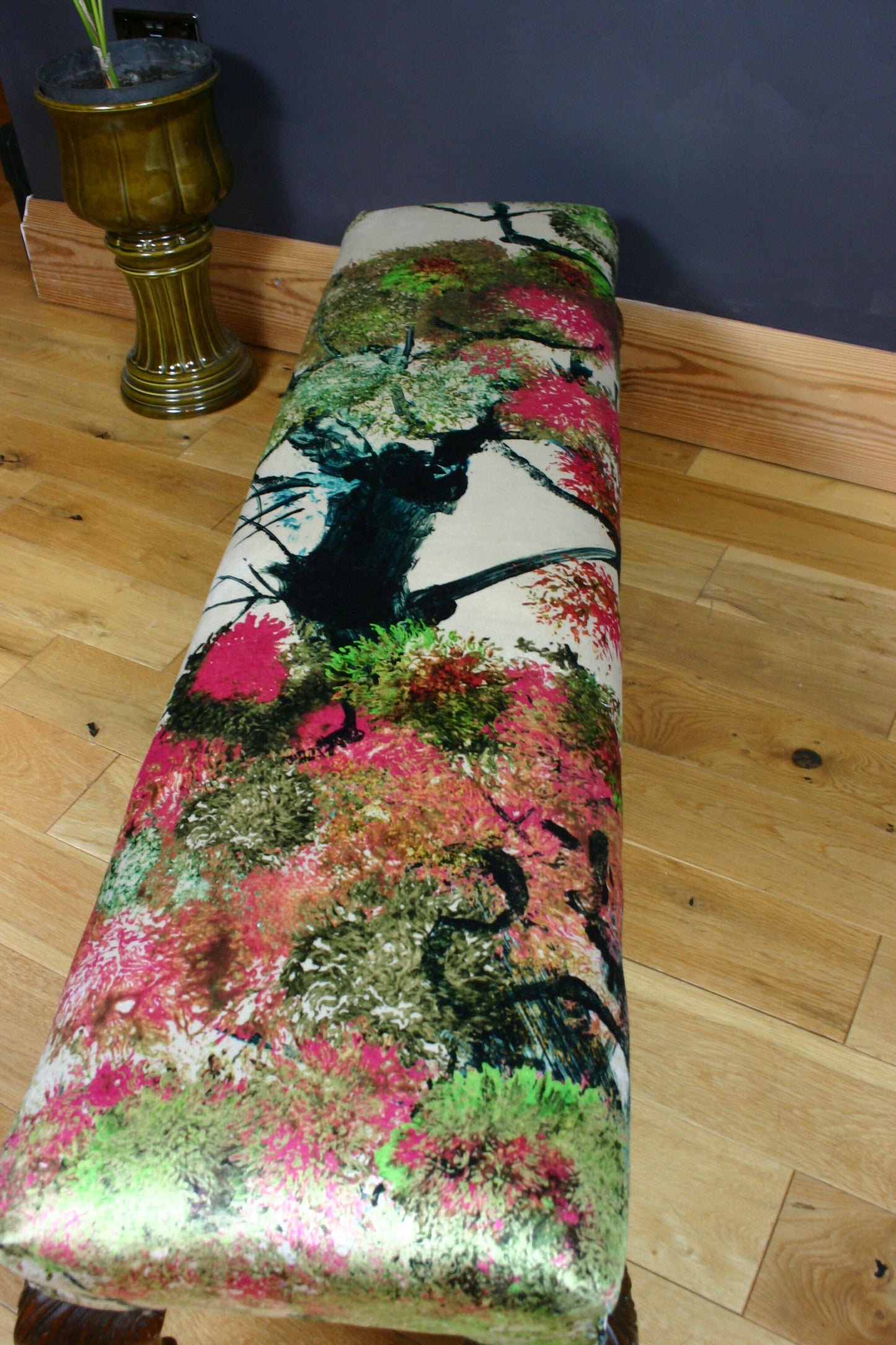 Maple & Co Oversized Antique c1900 Bench Footstool in Timorous Beasties Pinyin Tree Velvet