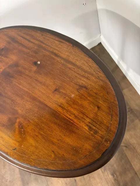 Edwardian Oval Mahogany Inlaid Occasional Table with Inlaid Stretcher Base