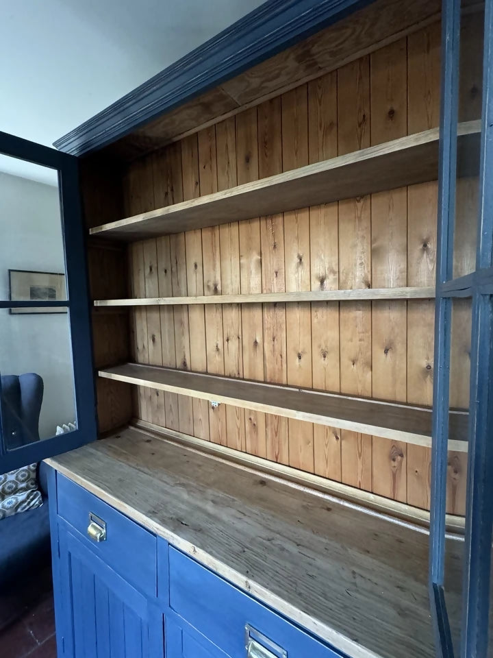 Vintage Pine Blue Painted Display China Glazed Dresser Cupboard Cabinet Bookcase