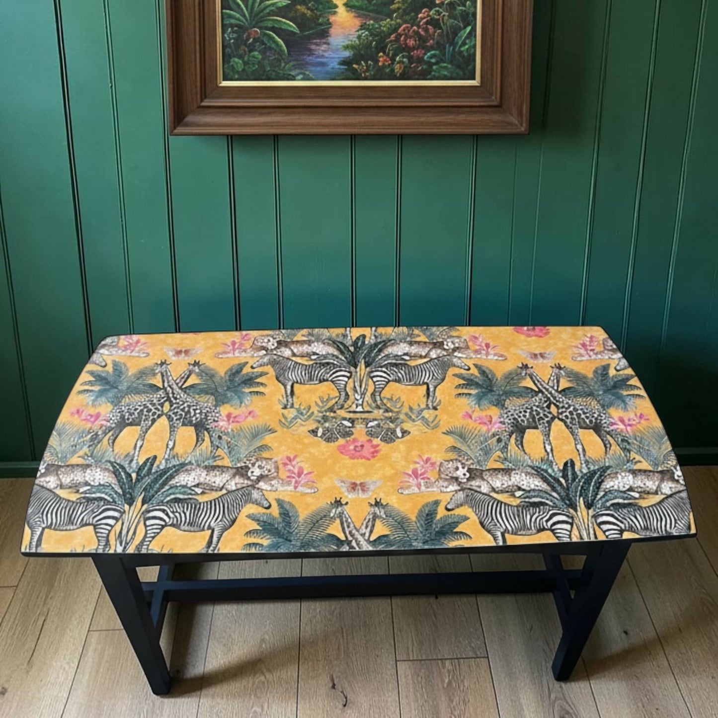Navy Blue Coffee Table with Sealed Wild Animal Print Top