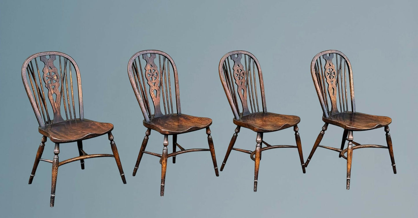 Set of Four Elm Wheel Back Windsor Chairs