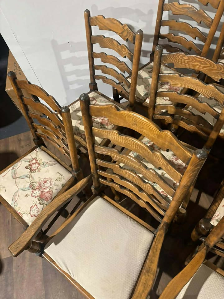 Set of Twelve Oak Yorkshire Style Ladderback Dining Chairs