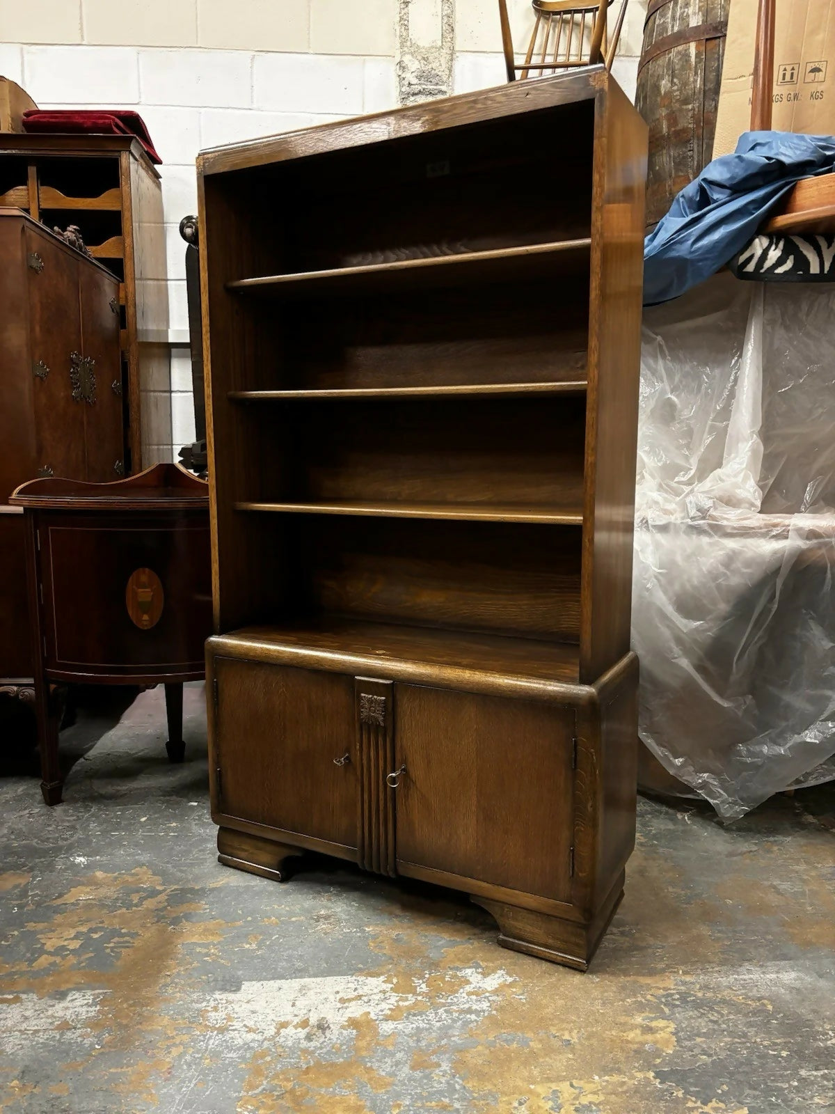 Vintage Oak Bookcase , Adjustable Shelves, With Keys For Bottom Cupboards.