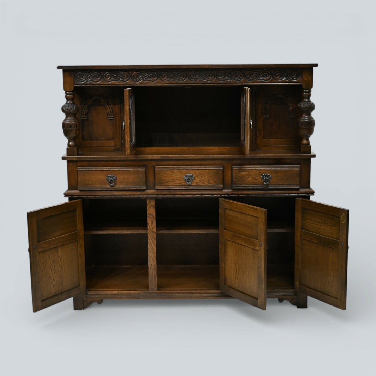 Old Charm Gothic Court Cupboard Buffett Sideboard Light Oak FREE UK Delivery.