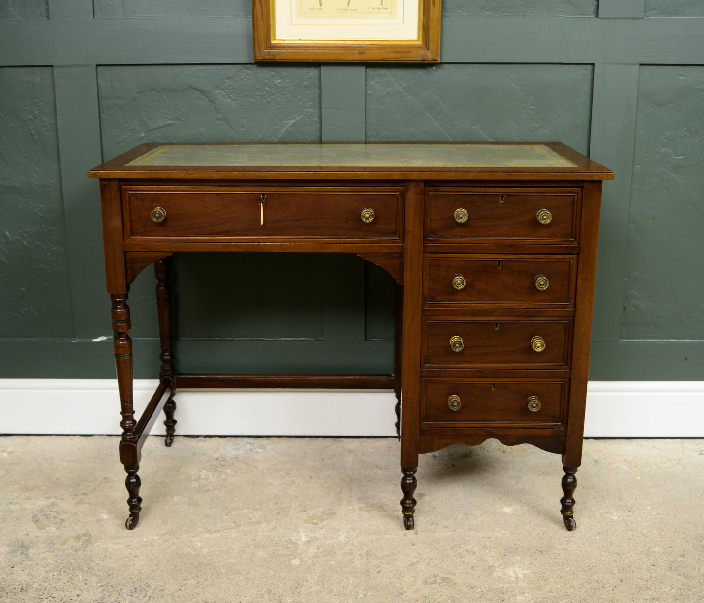 Edwardian Mahogany Writing Desk - Kneehole Desk with Green Leather