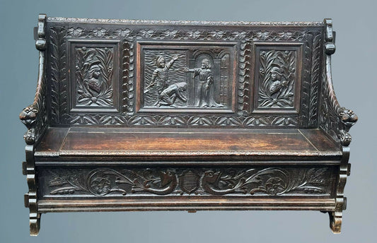 A Late Victorian Carved Oak Box Settle / Hall Bench