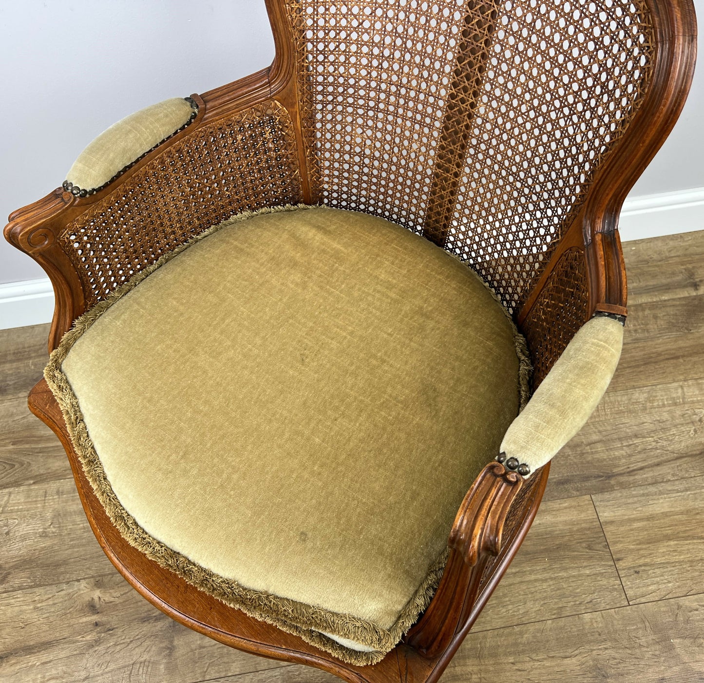 Armchair Vintage French Style Cane Upholstered Accent Carved Chair LOT 6311