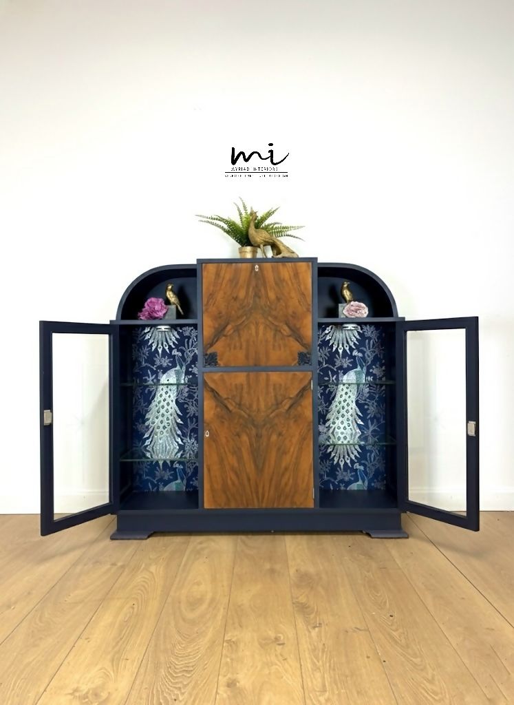Art Deco refinished walnut cocktail cabinet, navy blue, champagne gold, vintage drinks cabinet, glass display cabinet, sideboard