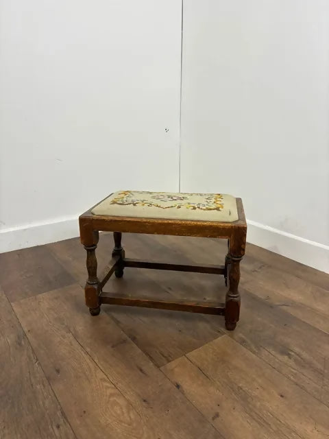 Vintage Oak Stool with Embroidered Pad