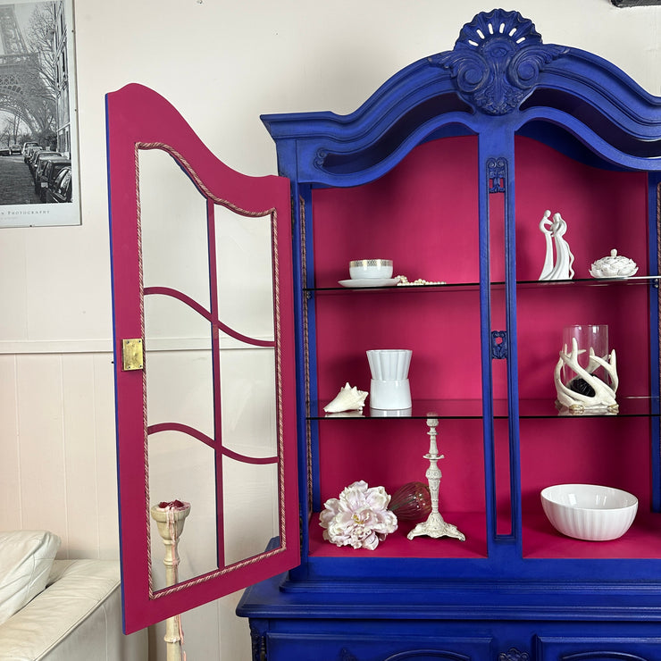 French Antique Large Display Cabinet Highly Decorated with Carvings Bright & Bold Statement Piece