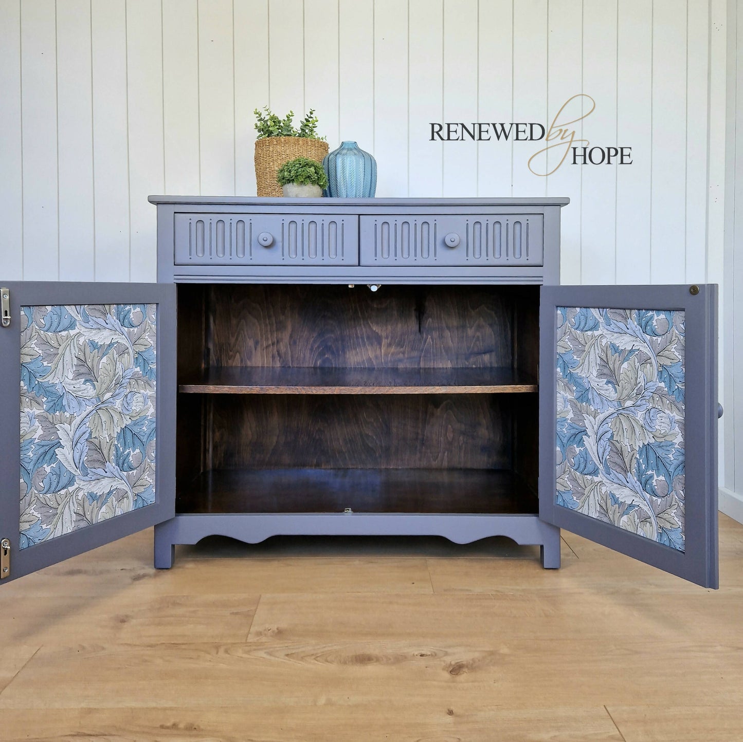 Grey Linenfold Sideboard with Morris Acanthus Wallpaper, Storage, Grey Cupboard