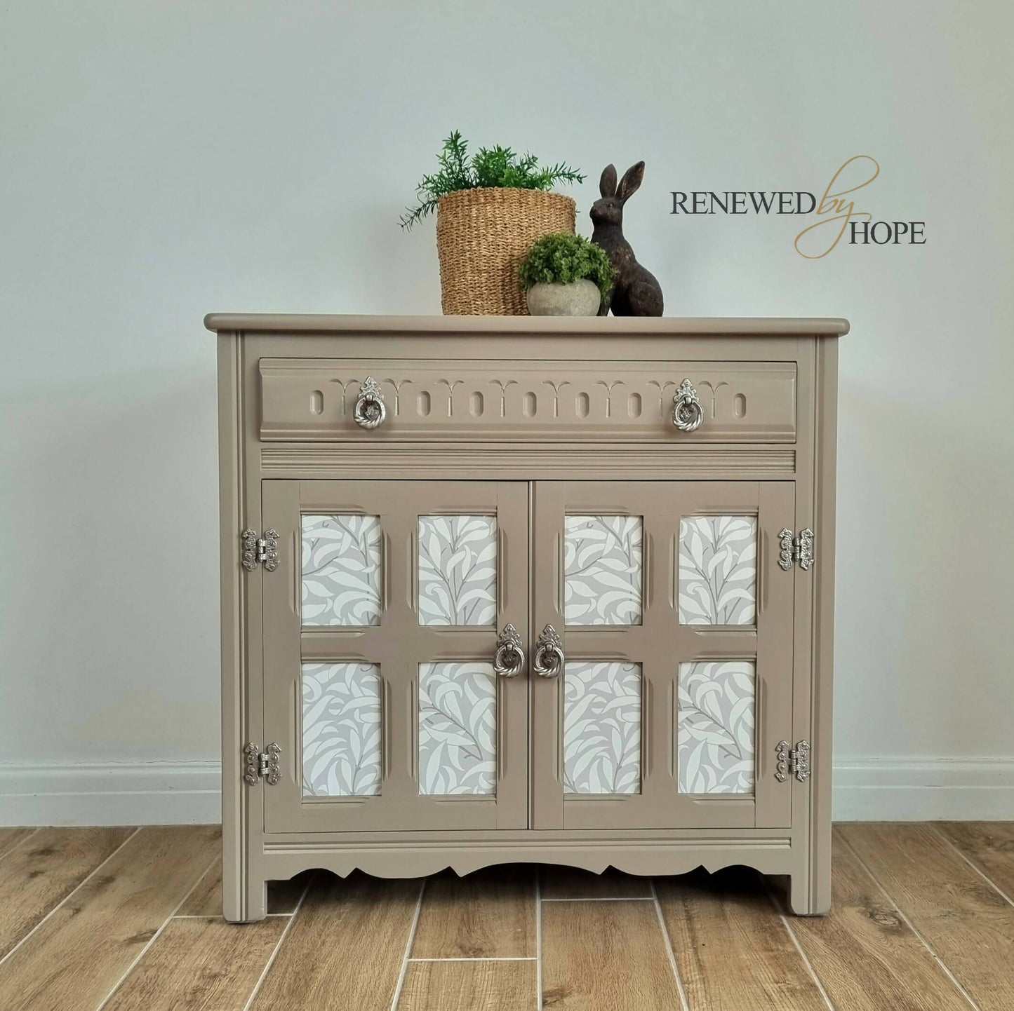 SOLD - Neutral Sideboard, Old Charm Solid Oak Sideboard, Vintage Sideboard, William Morris Willow Bough, Small Hallway Storage Cupboard, Taupe