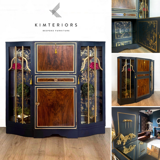 Blue, Gold and Walnut Art Deco Drinks Cabinet