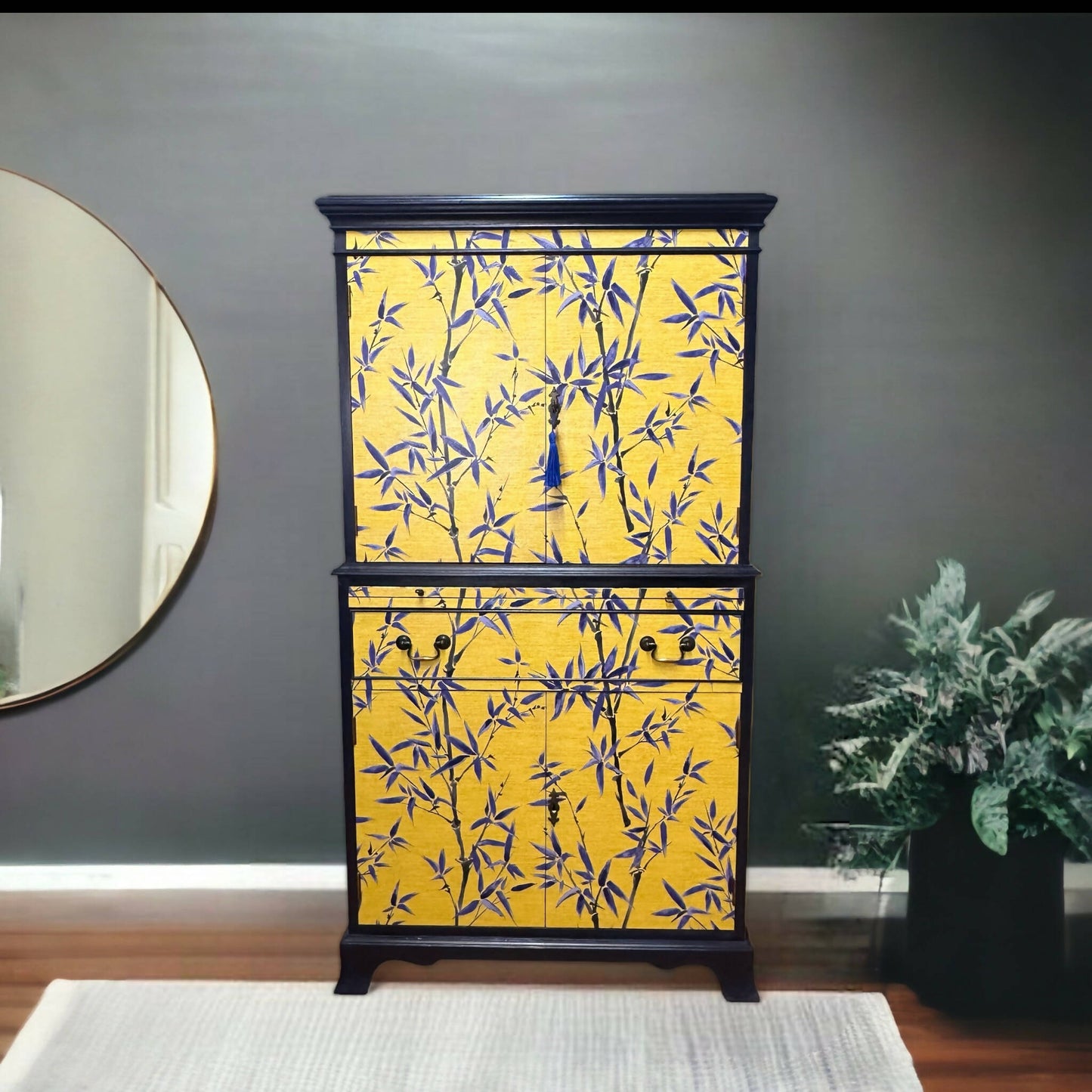 **This Item is Sold** Hand painted cocktail cabinet enrobed in a stunning Japanese style bamboo leaf print.