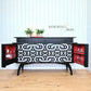 Black Mid Century Modern Beautility Sideboard. Bold geometric design. Upcycled Drinks Cabinet.