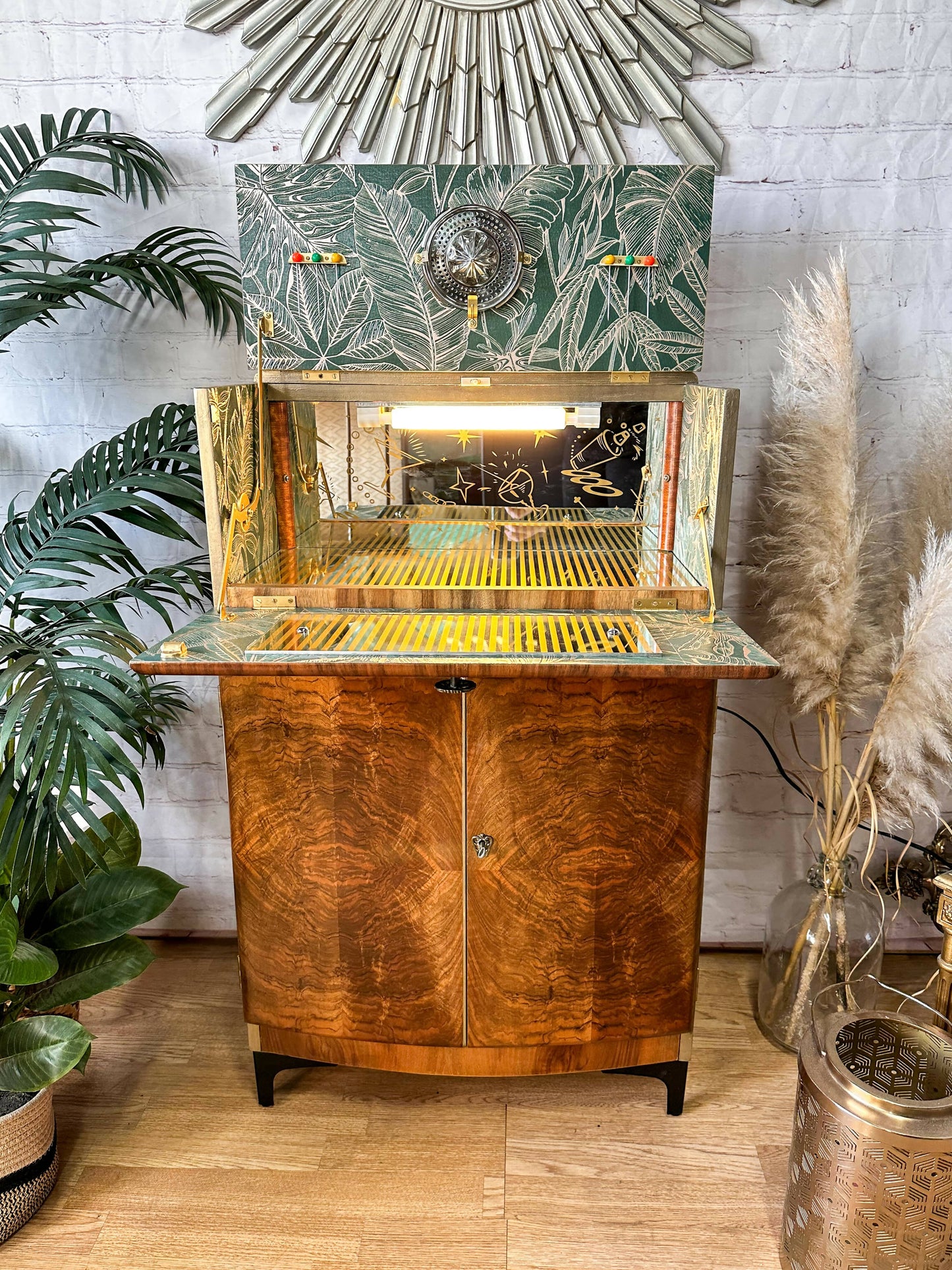 Rivington Cocktail Cabinet, Vintage Drinks Bar, Green and Gold, Art Deco, 1950’s Drinks Unit, Retro Bar, Walnut MADE TO ORDER