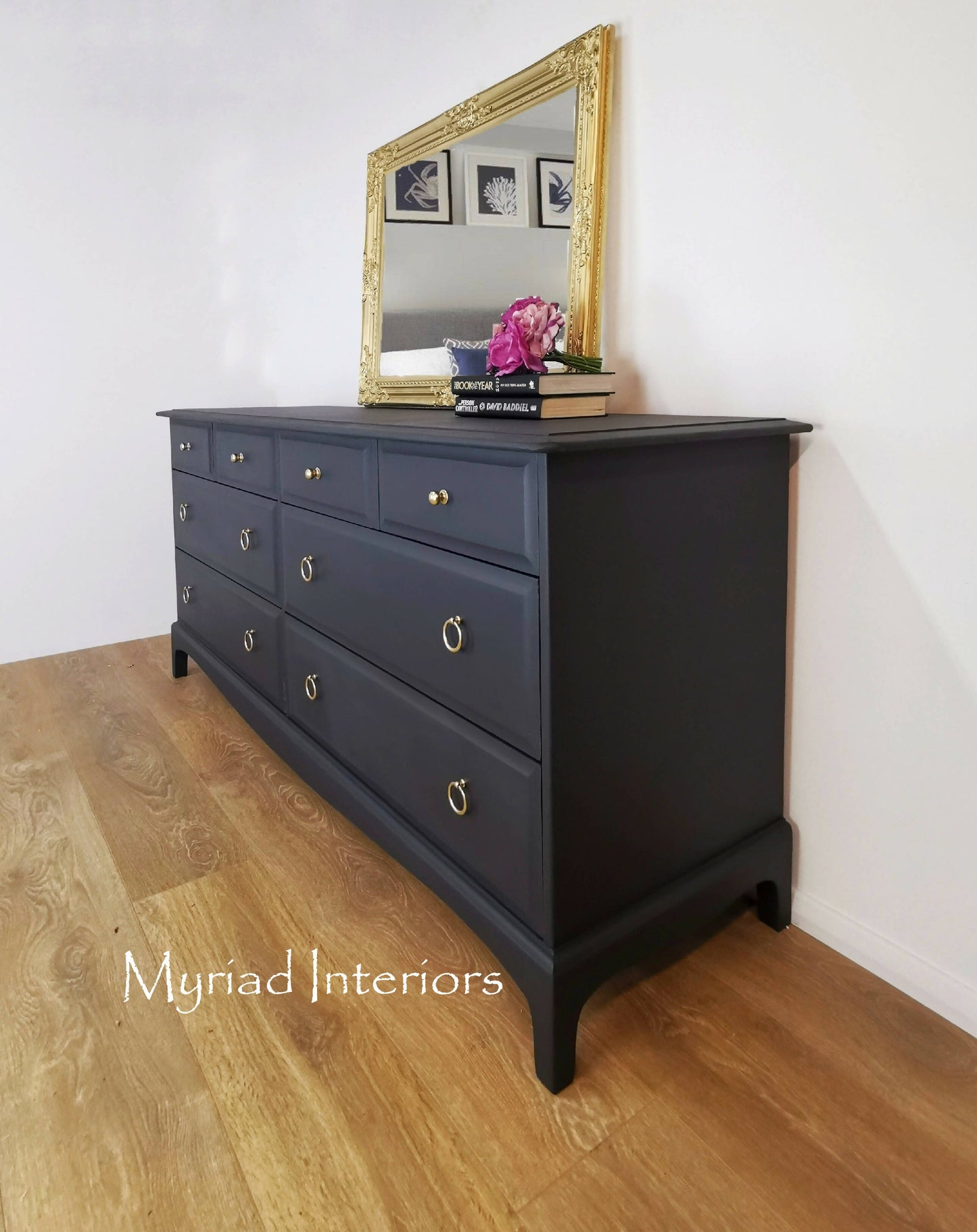 Refurbished vintage Stag Minstrel captains chest, mid century chest of drawers, dark grey, dresser, extended large drawers, retro, sideboard