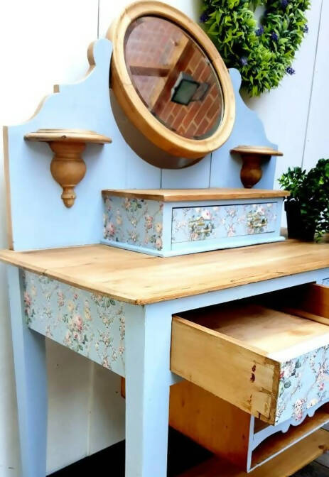 Hand Carved Blue Hall Table With Mirror