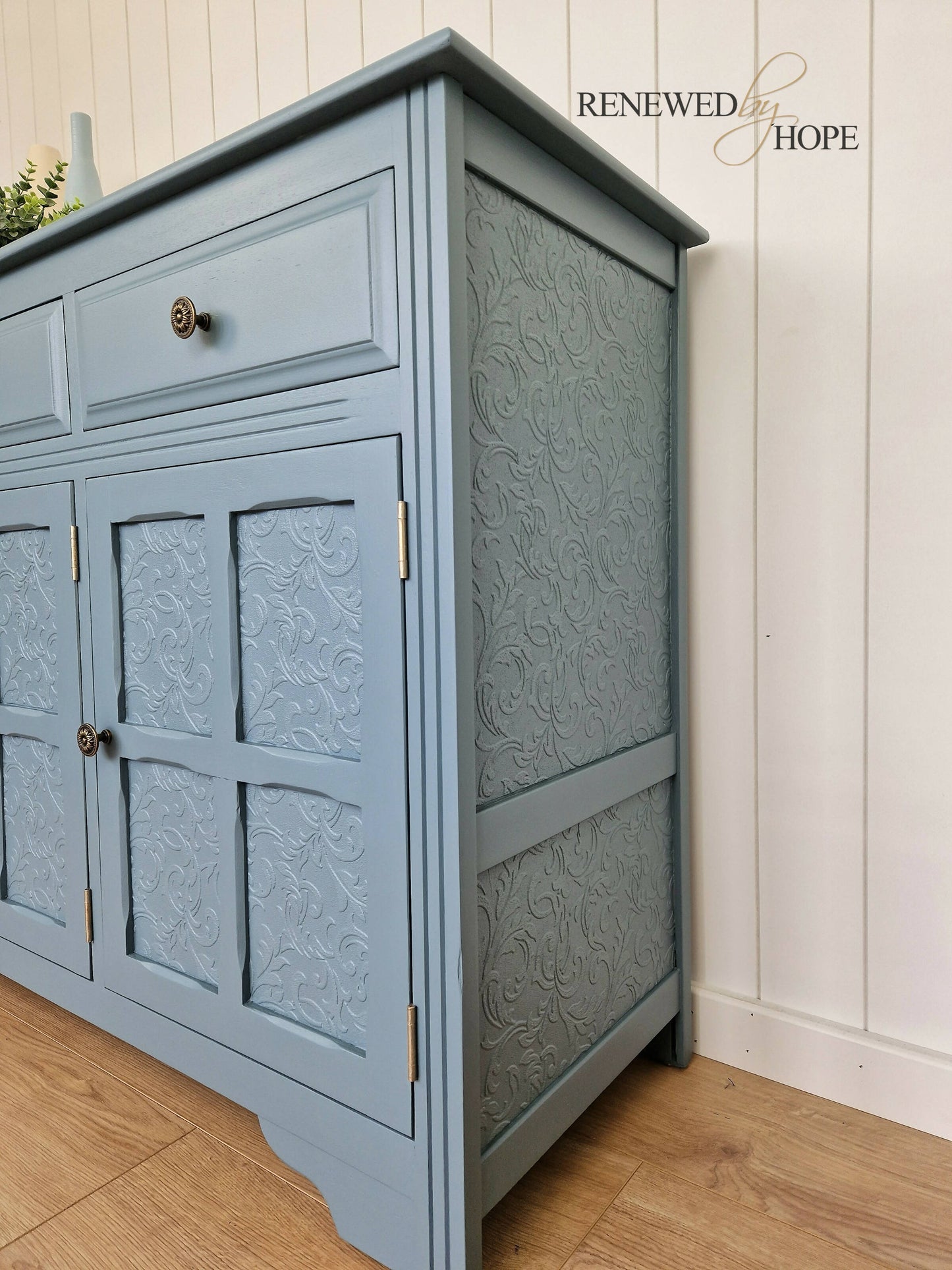 Dusky Blue Antique Panelled Oak Sideboard, with raised pattern detail.