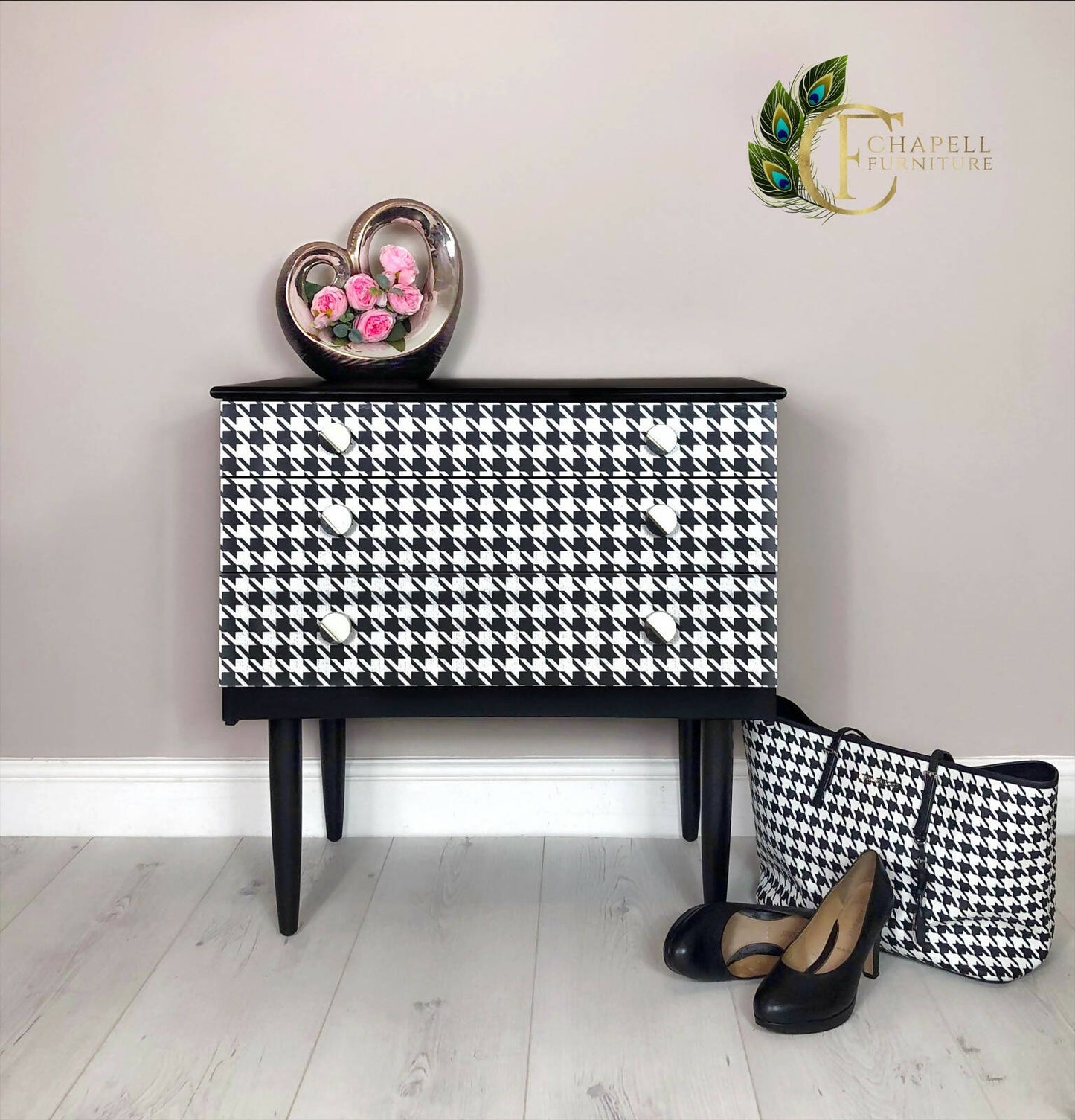 Schreiber Retro chest of 3 drawer/ Side table, Hand painted in black satin colour, Decoupaged with dogtooth pattern/ Marble handles