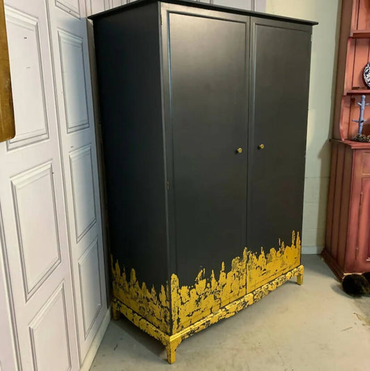 Stag Wardrobe Painted Black & Gold Leaf Flame Details Double Wardrobe