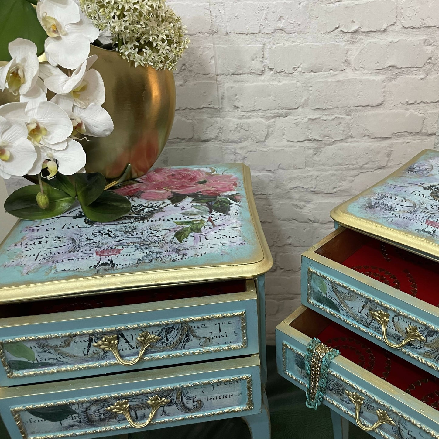 Two Blue French Vintage Tall Bedside Cabinets