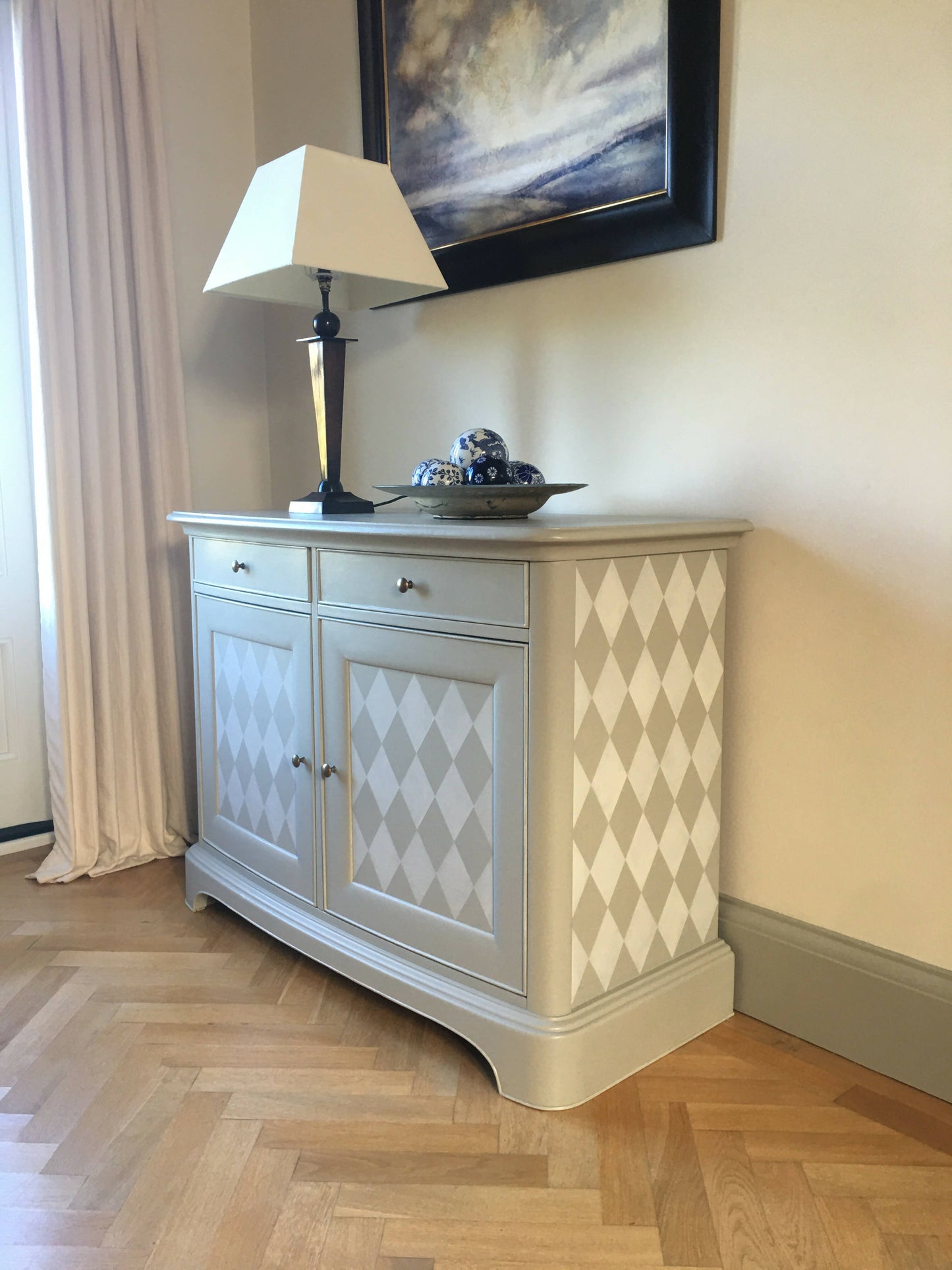 Sideboard. Gustavian Style. White and Grey, handpainted harlequin design (Farrow & Ball paint). Willis & Gambier. Solid wood.