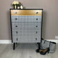 Retro Mid Century Chest of 5 drawers, Hand painted in black satin with Dogtooth pattern decoupage