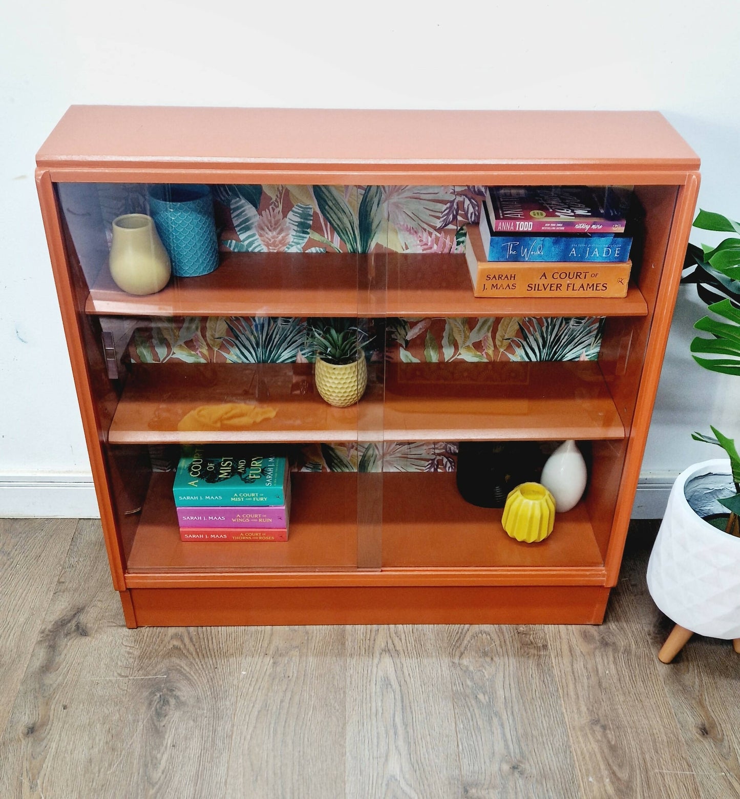 G plan orange vintage book shelf- glass display cabinet